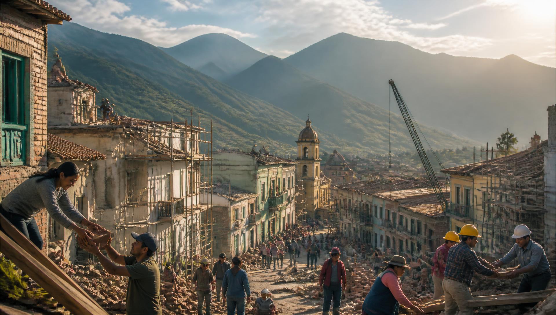 Ciudad colombiana en reconstrucción tras un terremoto, con vecinos y trabajadores ayudándose